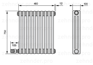 Схема (чертеж) Радиатор Zehnder Charleston 3075/10 №V003 Белый глянцевый RAL 9016
